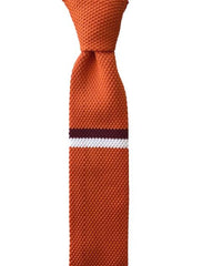 Orange Skinny Knit Tie with Burgundy and White Single Stripe