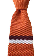 Orange Skinny Knit Tie with Burgundy and White Single Stripe