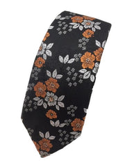 Black Tie with Orange and Light Silver Flowers
