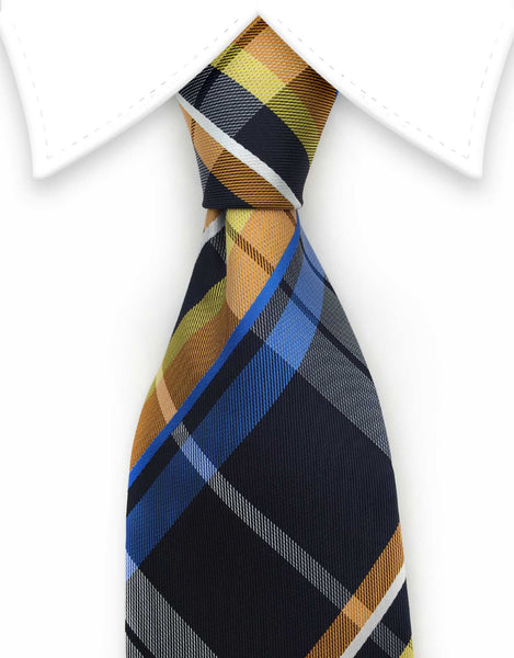 Navy blue, orange, yellow plaid tie