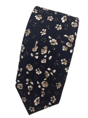 Midnight Navy Blue Cotton Skinny Tie with Taupe and White Flowers