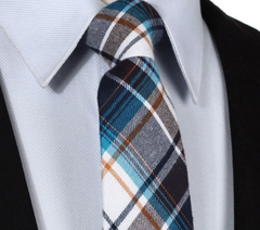 Brown, blue and white cotton plaid tie