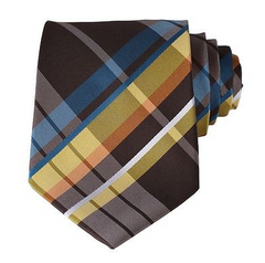 brown, yellow, orange, blue plaid tie