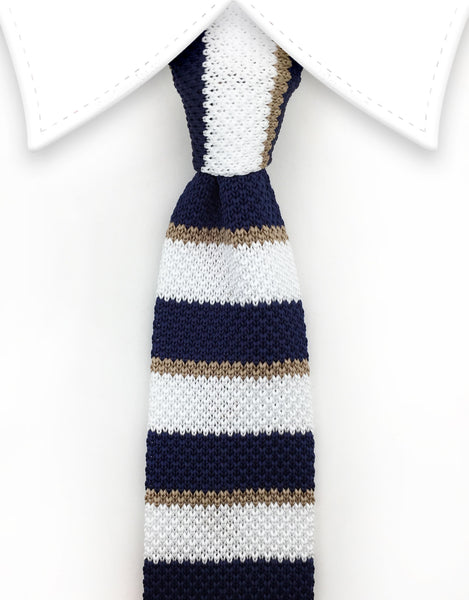 Navy Blue, White & Taupe Knit Necktie