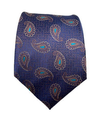 Navy Blue, Brown and Turquoise Paisley Extra Long Tie