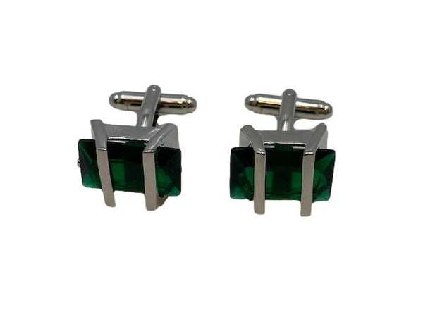 Green Glass Cuff Links in Silver Mount