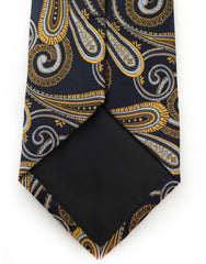 Tip of gold silver navy paisley tie