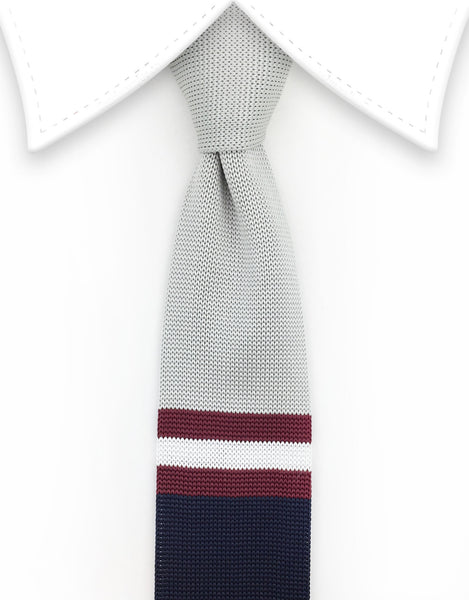Silver, Navy & Burgundy Striped Knit Tie