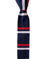 Navy Blue, Red, White Double Striped Knitted Tie