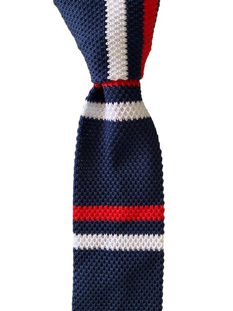 Navy Blue, Red, White Double Striped Knitted Tie