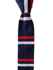 Navy Blue, Red, White Double Striped Knitted Tie