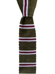 Khaki Green, Burgundy and White Striped Knit Tie