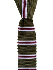 Khaki Green, Burgundy and White Striped Knit Tie