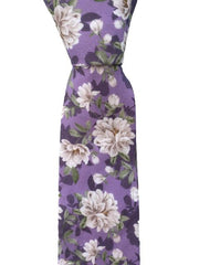 Vintage Lilac Purple Necktie with Antique White Floral Pattern and Green Leaves