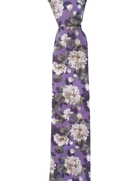 Vintage Lilac Purple Necktie with Antique White Floral Pattern and Gre ...