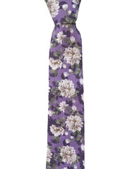 Vintage Lilac Purple Necktie with Antique White Floral Pattern and Green Leaves