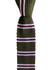 Khaki Green, Burgundy and White Striped Knit Tie