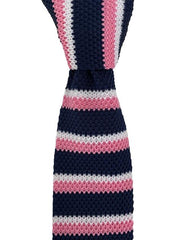 Navy Blue, Pink and White Striped Knit Tie