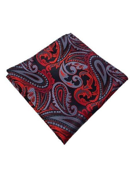 Red, Charcoal, Black, Paisley Pocket Square