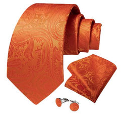 Solid Orange Paisley Wedding Necktie Set