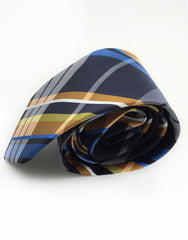 Navy blue orange yellow plaid necktie