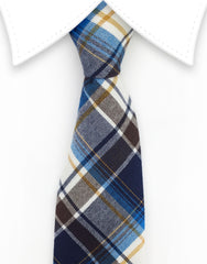 Brown, blue and cream plaid necktie