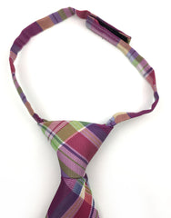 Velcro closure on boy's purple plaid tie