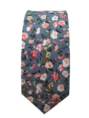 Gray Cotton Skinny Tie with Pink, Peach, White Flowers