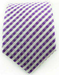 white and purple checkered necktie
