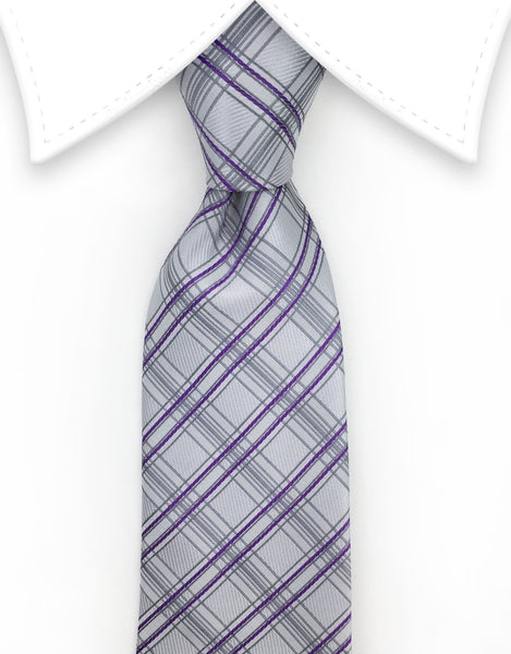 Silver Gray and Purple Plaid Necktie