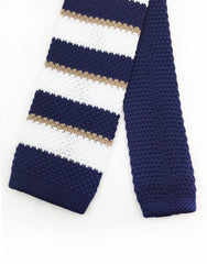 white and navy blue striped skinny knitted tie