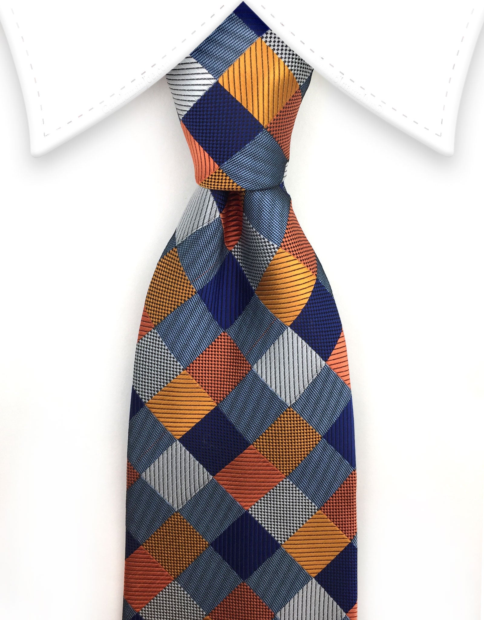 Blue, orange, silver tie