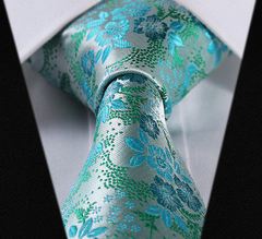 Silvery Green, Turquoise, Floral Silk Tie