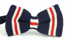 Navy Blue, Red, White Knit Bow Tie