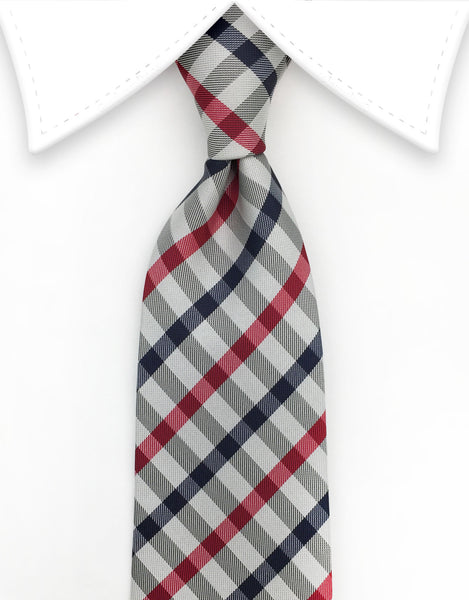 Navy Blue & Red Stripes on Silver Tie