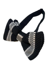 Black, Silver and White Striped Knit Bowtie