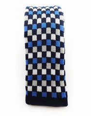 knitted tie with blue, black, white squares