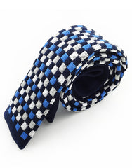side view of blue, black tie with squares