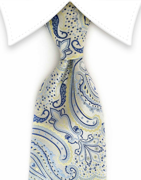 pearl tie with blue & yellow floral accents