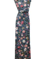 Gray Cotton Skinny Tie with Pink, Peach, White Flowers