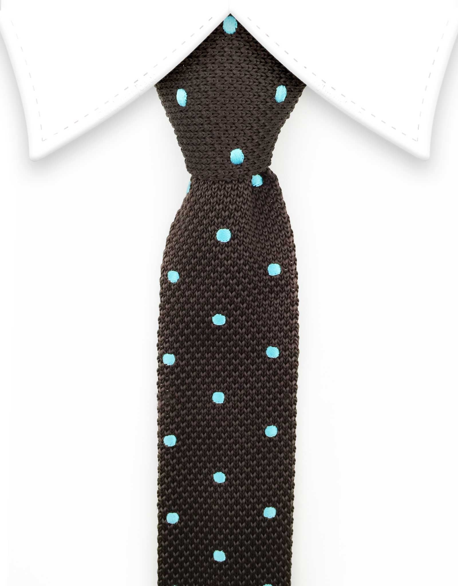 brown knit tie with blue polka dots