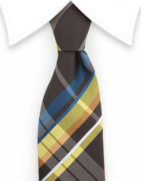 brown & mustard yellow plaid tie