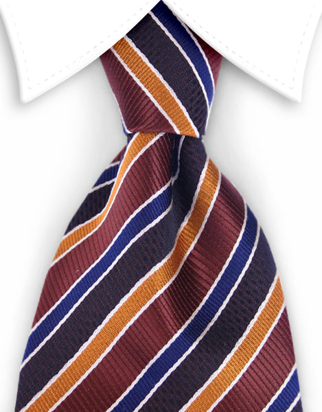 brown, navy blue, orange striped tie