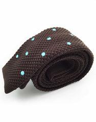 brown knitted tie with turquoise polka dots