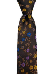 Brown Silk Tie with Blue, Yellow, Purple Mini Flowers