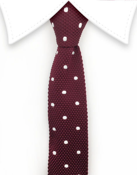 burgundy and white dot knitted necktie