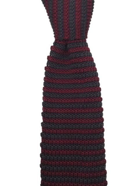 Burgundy Pointed Tip Men's Knitted Tie with Charcoal Gray Stripes