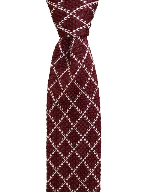 Burgundy Knitted Tie with a White Argyle Pattern