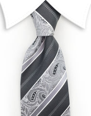 Silver paisley tie with charcoal & silver stripes