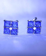 Blue crystal flower cufflinks in plated silver setting